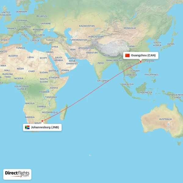 Johannesburg - Guangzhou direct flight map