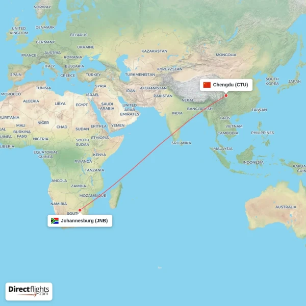 Johannesburg - Chengdu direct flight map