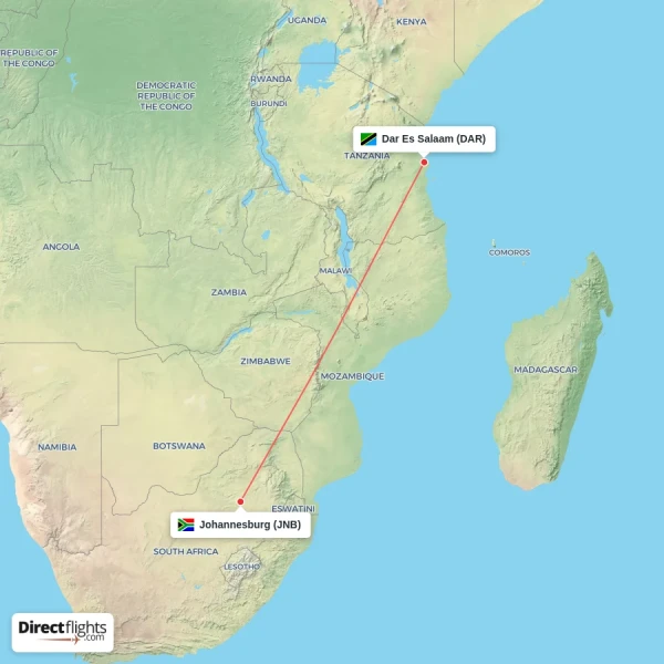 Johannesburg - Dar Es Salaam direct flight map
