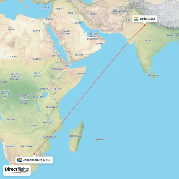 Johannesburg - Delhi direct flight map