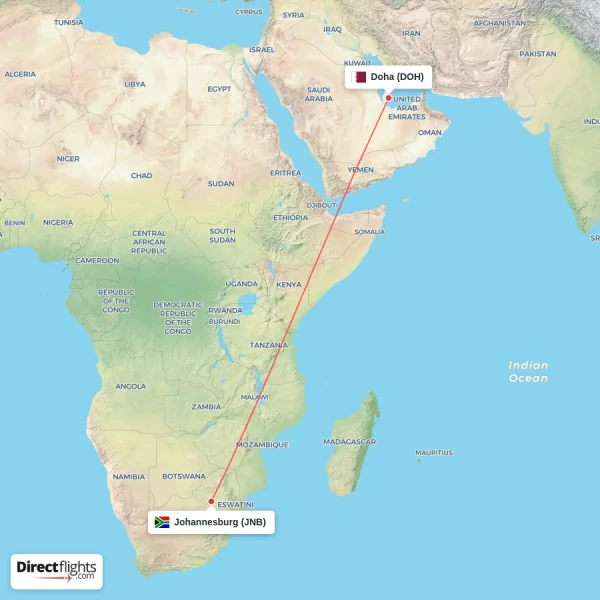 Johannesburg - Doha direct flight map