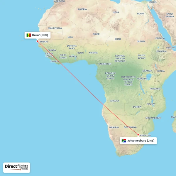 Johannesburg - Dakar direct flight map