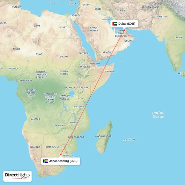 Johannesburg - Dubai direct flight map