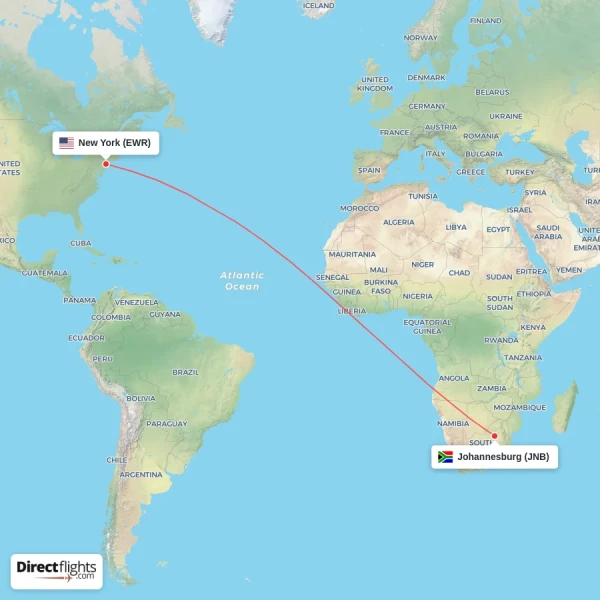 Johannesburg - New York direct flight map