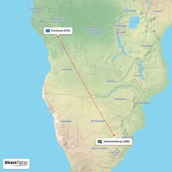 Johannesburg - Kinshasa direct flight map
