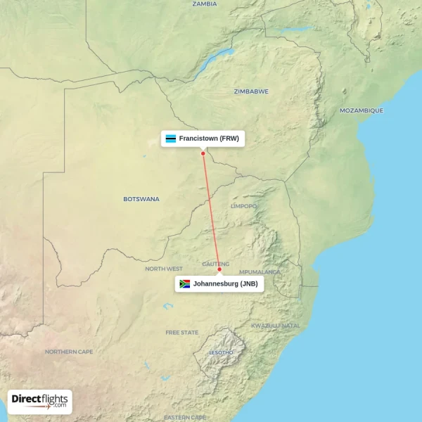 Johannesburg - Francistown direct flight map