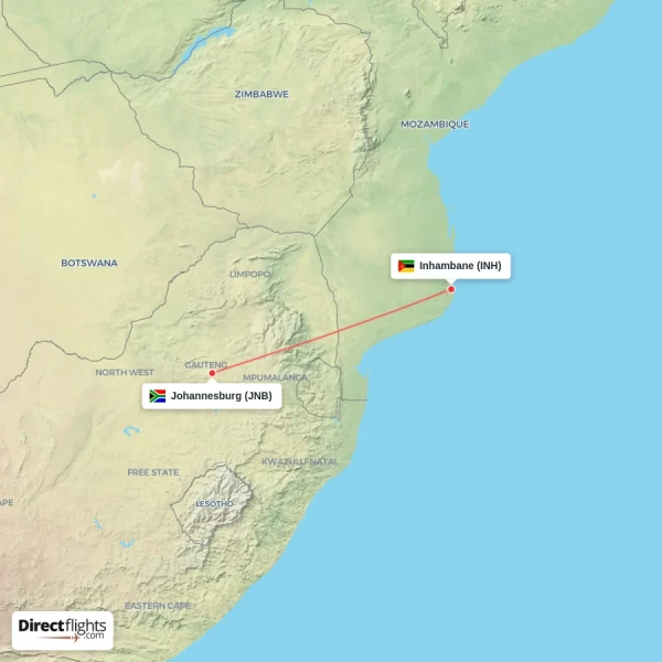 Johannesburg - Inhambane direct flight map