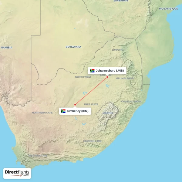 Johannesburg - Kimberley direct flight map