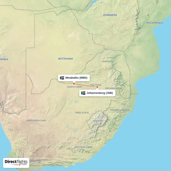 Johannesburg - Mmabatho direct flight map