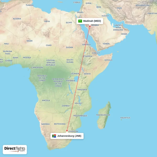 Johannesburg - Madinah direct flight map