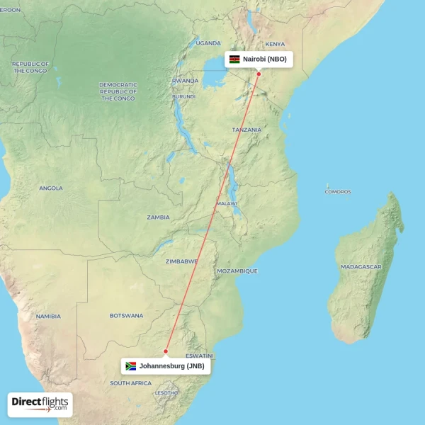 Johannesburg - Nairobi direct flight map