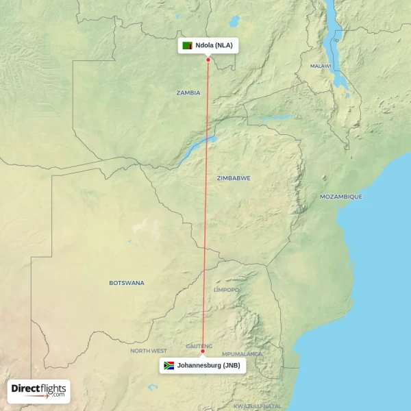 Johannesburg - Ndola direct flight map