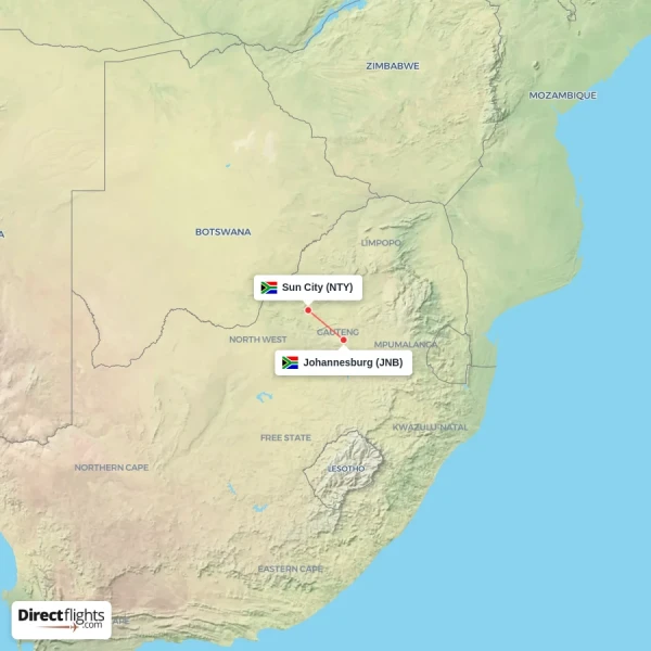 Johannesburg - Sun City direct flight map