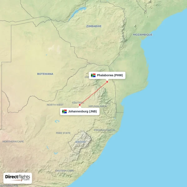 Johannesburg - Phalaborwa direct flight map