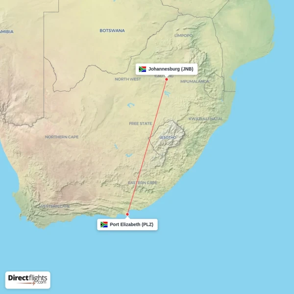Johannesburg - Port Elizabeth direct flight map