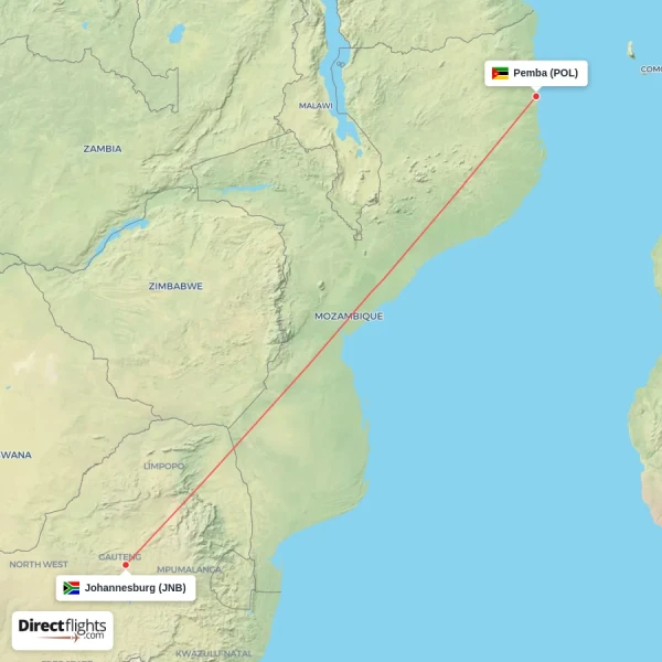 Johannesburg - Pemba direct flight map