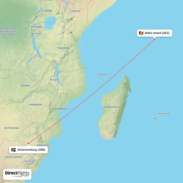 Johannesburg - Mahe Island direct flight map
