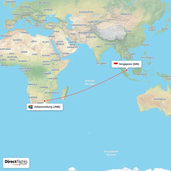 Johannesburg - Singapore direct flight map