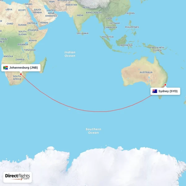 Johannesburg - Sydney direct flight map