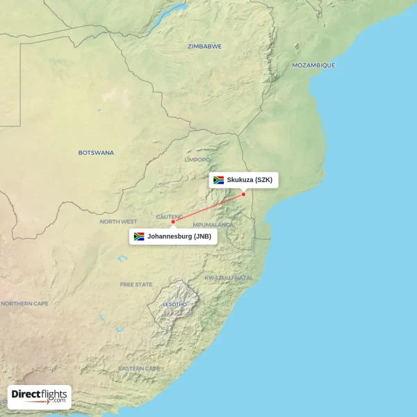 Johannesburg - Skukuza direct flight map