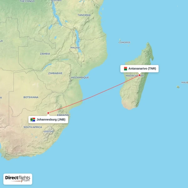 Johannesburg - Antananarivo direct flight map