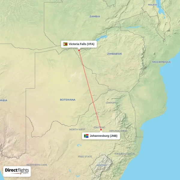 Johannesburg - Victoria Falls direct flight map
