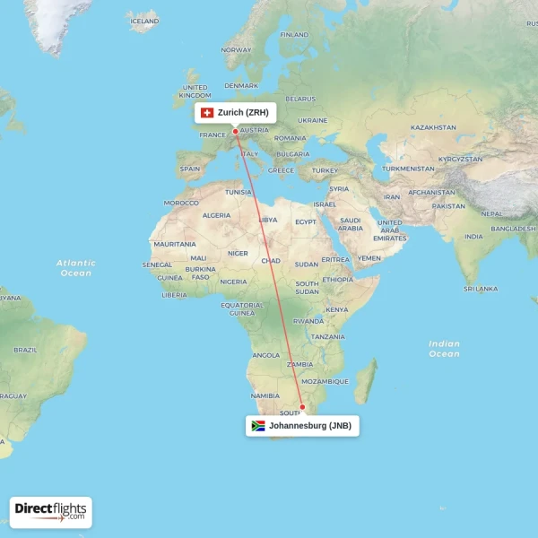 Johannesburg - Zurich direct flight map