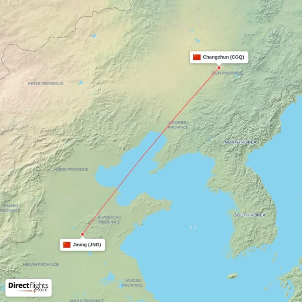 Jining - Changchun direct flight map