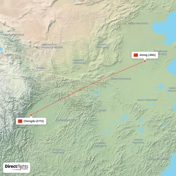Jining - Chengdu direct flight map