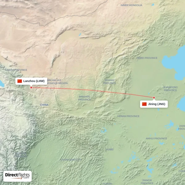 Jining - Lanzhou direct flight map