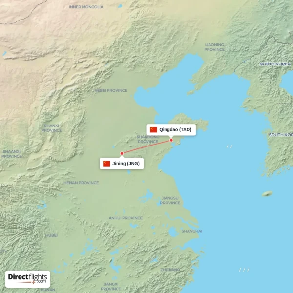 Jining - Qingdao direct flight map