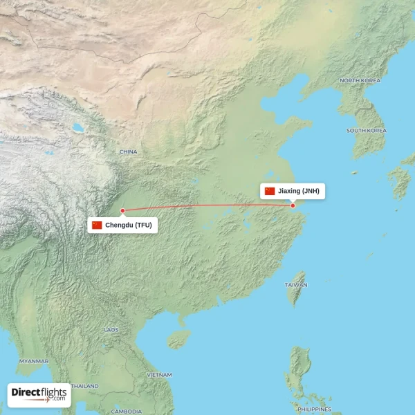 Jiaxing - Chengdu direct flight map