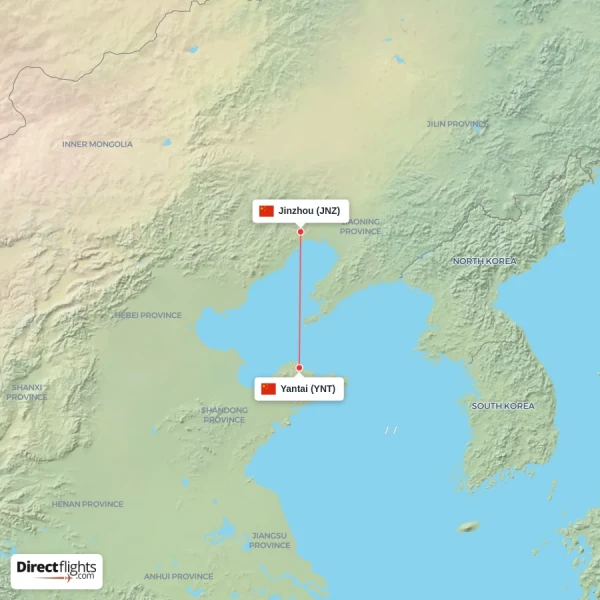 Jinzhou - Yantai direct flight map