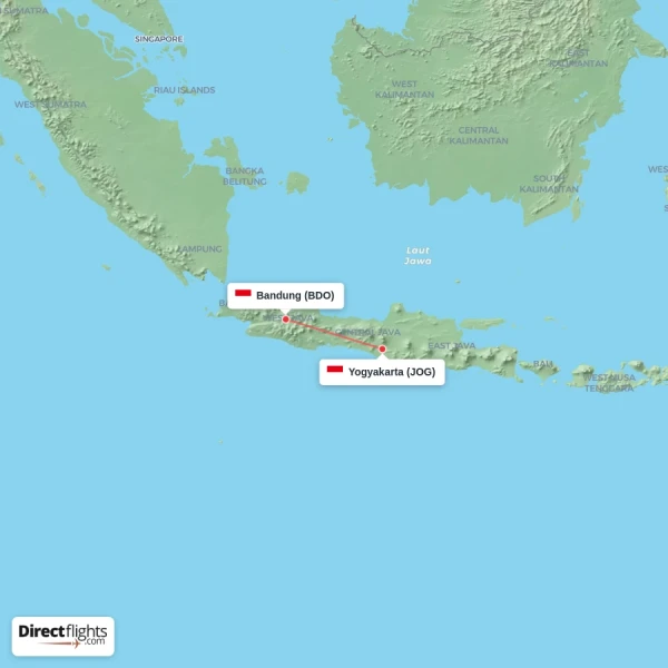 Yogyakarta - Bandung direct flight map