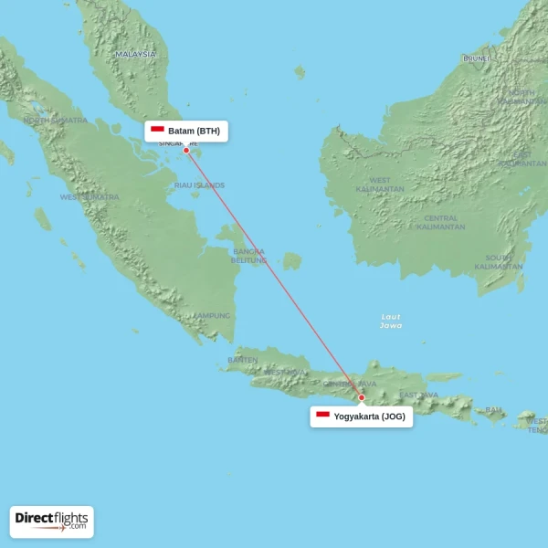 Yogyakarta - Batam direct flight map