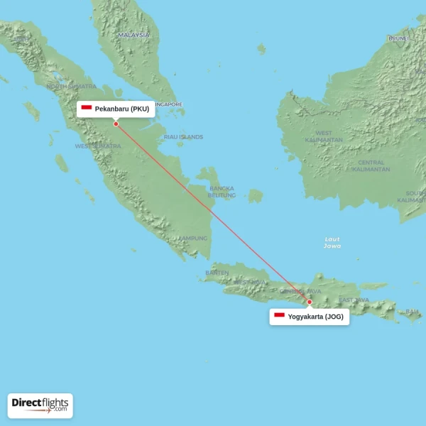 Yogyakarta - Pekanbaru direct flight map