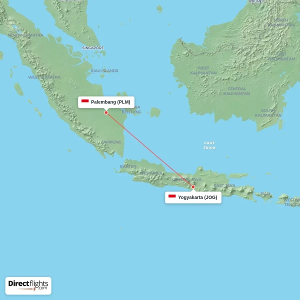 Yogyakarta - Palembang direct flight map
