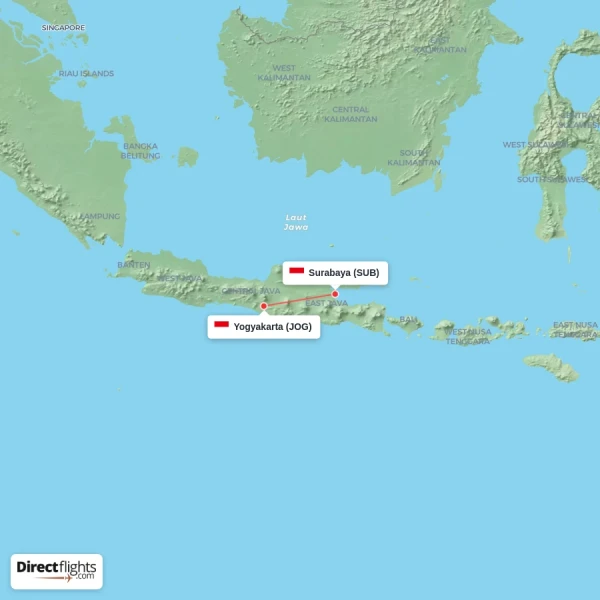 Yogyakarta - Surabaya direct flight map