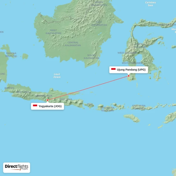 Yogyakarta - Ujung Pandang direct flight map