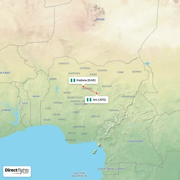 Jos - Kaduna direct flight map