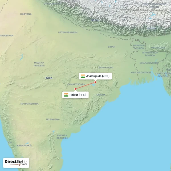 Jharsuguda - Raipur direct flight map