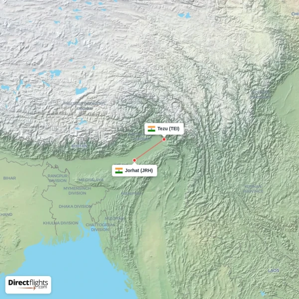 Jorhat - Tezu direct flight map