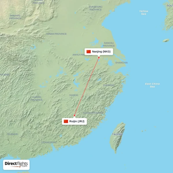 Ruijin - Nanjing direct flight map