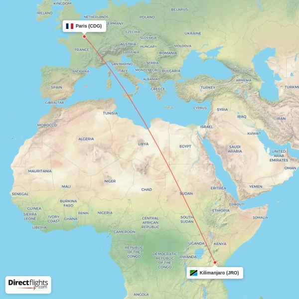 Kilimanjaro - Paris direct flight map