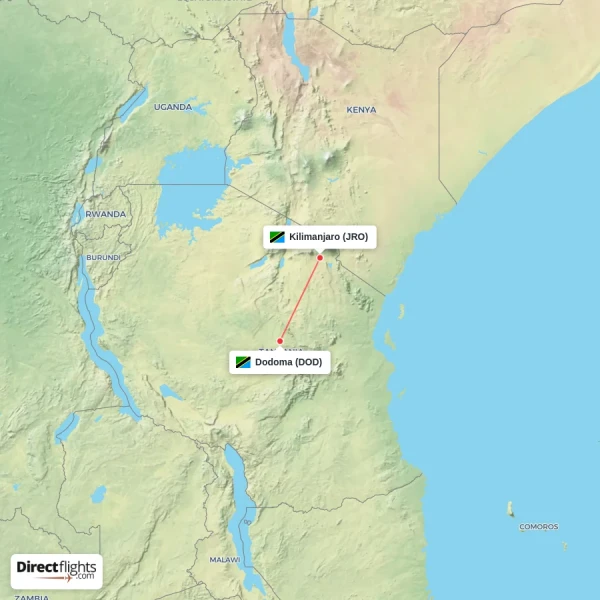 Kilimanjaro - Dodoma direct flight map