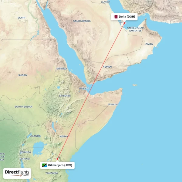 Kilimanjaro - Doha direct flight map