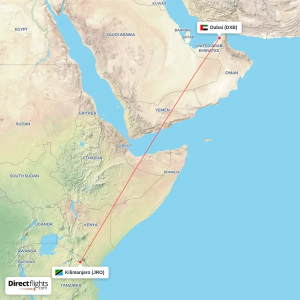 Kilimanjaro - Dubai direct flight map