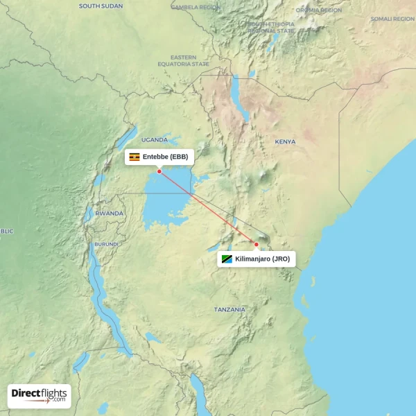 Kilimanjaro - Entebbe direct flight map