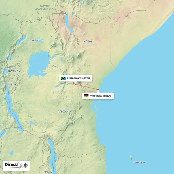 Kilimanjaro - Mombasa direct flight map