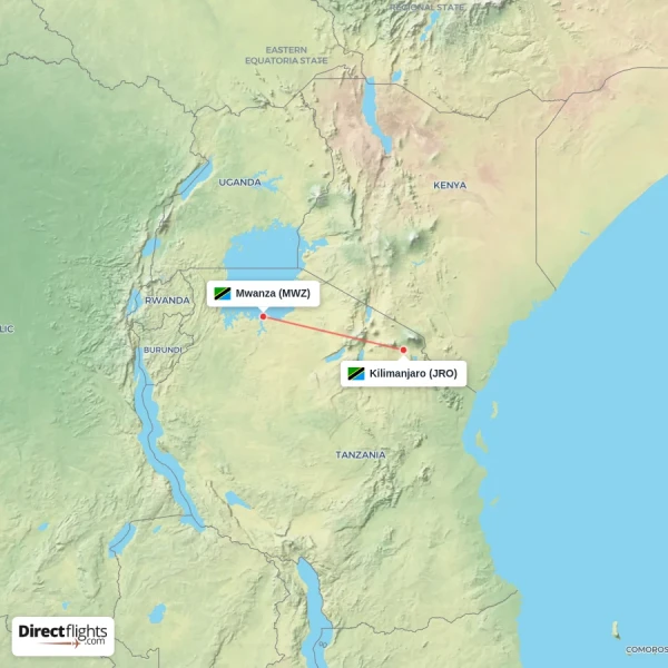 Kilimanjaro - Mwanza direct flight map